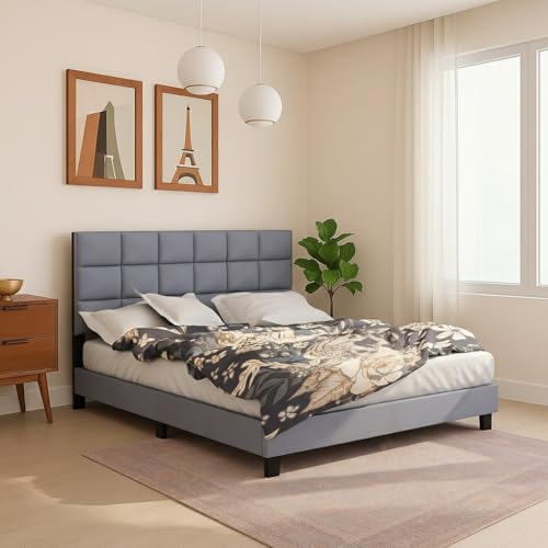 Image of Wooden Upholstered Bed King Size Without Storage | Wrought Iron King Size Cot with Headboard | Double Size Bed for Bedroom | Palang Furniture for Guest Room, Candler Grey, (Candler Grey)