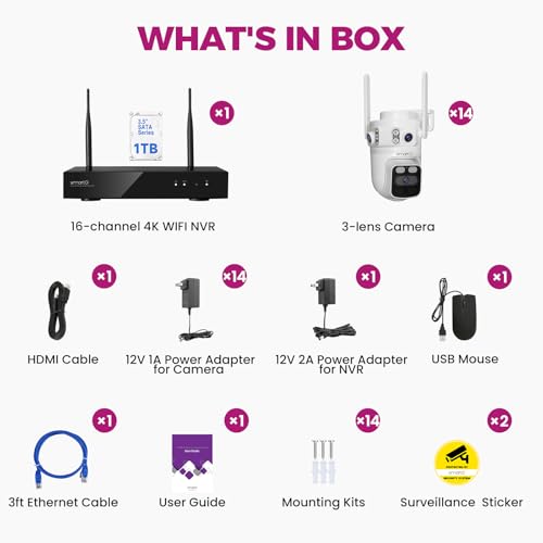 xmartO 16CH 14Pcs 6MP Tri-Lens PTZ Security Camera System, 16CH 4K WiFi 6 Mesh NVR with 1TB NVR, 3-View/Cam, Long Range Wireless, Plug-in 24/7 Home Surveillance, AI Detection, No Monthly Fees