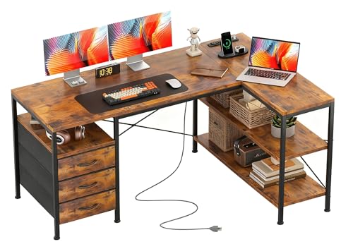 Alpen L Shaped Computer Desk, 47 Inch Corner Desk with Drawers and Power Outlets, Home Office Desk for Gaming, Study Writing PC Table with Storage and Reversible Shelf, Rustic Brown
