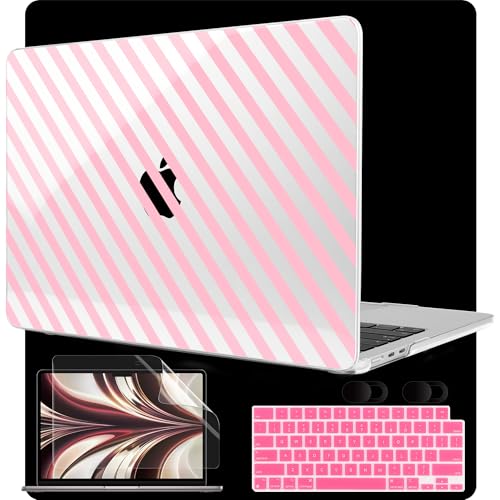Image of MEEgoodo Case for M5 /M4 /M3 /M2 MacBook Air 13 inch 2026 2025 2024 2022, Fit Model A3449 /A3240 /A3113 /A2681, Case Compatible with MacBook Air 13.6-inch, Pink & White Stripes