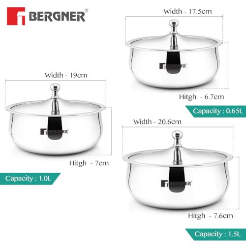 Image of Bergner Vienna Stainless Steel Hot Pot 3 Pcs Junior Set of 17cm (650ml), 19cm (1 L), 20cm (1.5 L), Double Walled Serving Casserole with PU Insulated Steel Lid, Food Grade, Keep Food Hot for Long Hours