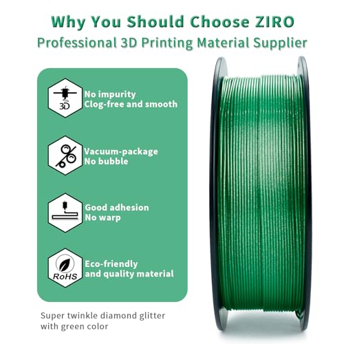 Image of ZIRO Diamond Series Filament, 3D Printer Filament 1.75mm, Shiny Sparkle PLA with Glitter, Twinkling Neatly Wound 1kg /2.2lbs Spool, Fit Most FDM 3D Printers, Dimaond Green