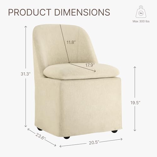 Image of KISLOT Upholstered Dining Chairs Set of 2 with Casters, Modern Side Armless Deskchair with Washable Slipcover & Sturdy Metal Frame for Diningroom Bedroom Livingroom Reading Room, Sand Fabric