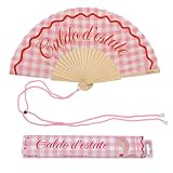 Fisura – Ventaglio originale con messaggio “Caldo d'estate”. Accessorio pieghevole in legno con motivo quadri rosa, ventilatore manuale leggero per spiaggia o festival. Laccetto incluso 42,5 x 23 cm