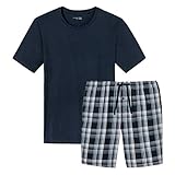 Schiesser - Mix & Relax Kombi - Schlafanzug T-Shirt Rundhals und Hose kurz (56 Dunkelblau Gemustert)