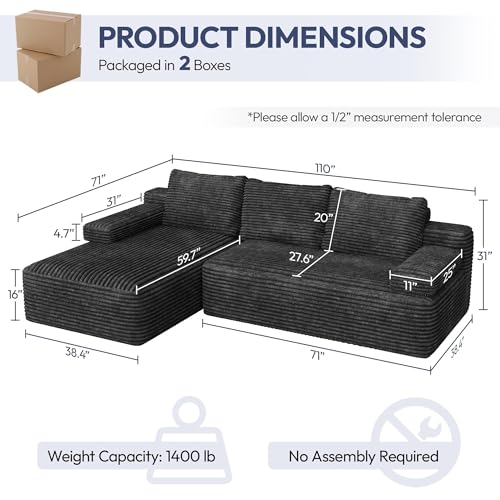 Yaheetech 110" Modular Sectional Sofa Corduroy Boneless Couch with Chaise L-Shape Cloud Couch with Detachable Pillows No Assembly Sofa for Living Room, Dark Gray - Image 2