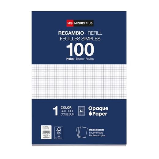 Miquelrius - Refill 100 ark, 4 mm rutnät kantlöst, A4-storlek, inga borrar, 90 g papper