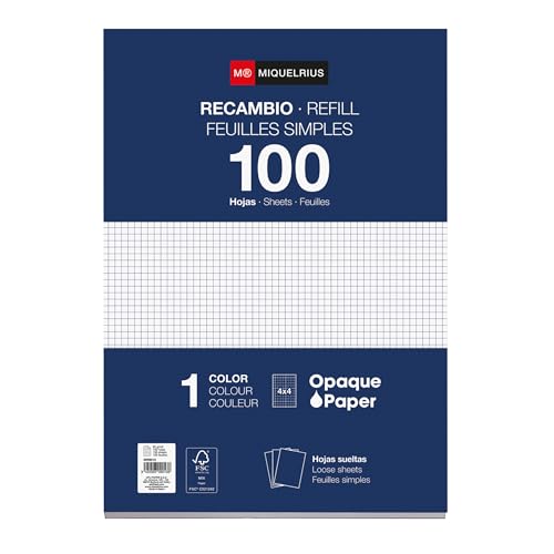 Miquelrius - Bloc de recharge, 100 feuilles quadrillées 4x4 mm sans marge ni perforations, Papier...