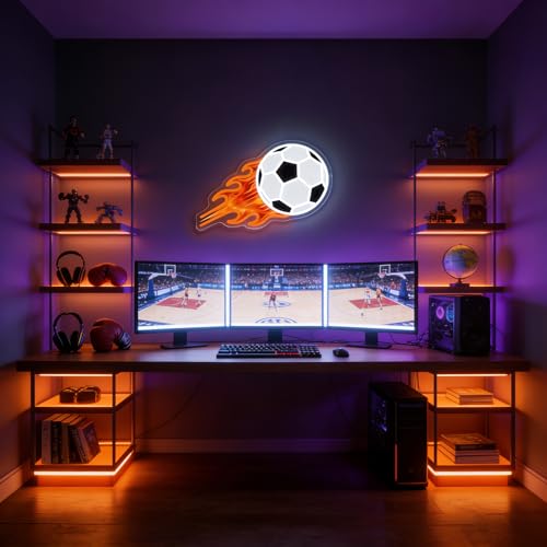 Image of UV Printed Soccer Ball Neon Sign for Wall Decor Dimmable Soccer Led Light for Fans Football Neon Signs for Boys Room Home Bedroom Man Cave College Dorm Club Birthday Party Decor Teen Gifts