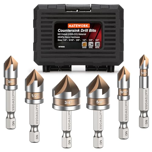 Countersink Drill Bit Set, M2 Cobalt HSS Countersink Drill Bits 6 Pieces 1/4 Inch Quick Change Hex Shank for Metal, Wood, Stainless Steel, Carbon Steel