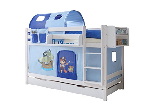 Etagenbett Doppelbett Marcel Kiefer massiv Weiss, Vorhangstoff:Pirat Hellblau Dunkelblau Etagenbett Doppelbett Marcel Kiefer massiv Weiss, Vorhangstoff:Pirat Hellblau Dunkelblau