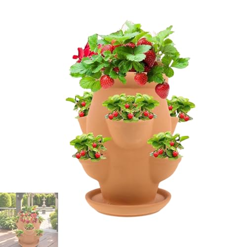 Terracotta strawberry Tower planter pot, 6-Pocket Vertical Pot for Patio Lawn Garden,Lightweight Red Pottery Planter for Growing Strawberries, Decorative Flowerpot with Tray for Outdoor Gardening