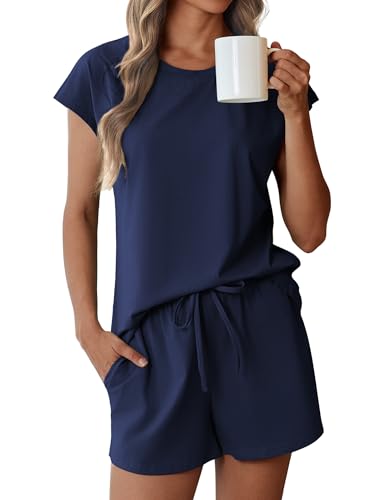 Image of Ekouaer Cotton Pajamas for Women Set 2 Piece Cap Sleeve Pjs Shorts Set Lounge Sets Sleepwear S-XXL