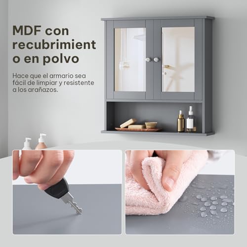 Miniatura 5 de Esituro Mueble Suspendido De Espejo Mueble Colgante Armario De Ducha Armario De Pared Con Toallero Y Estante De Medicamentos Armario De Baño Con Puertas Gris, 56x58,3x13cm