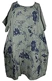  Damen Pure Leinen Sommer Ballon Kleid Maxikleid Tunika 44 46 48 50 52 54 56 L XL XXL 3XL Blumen Print Strand Urlaub Lagenlook Shirt Top Khaki Grün (54)