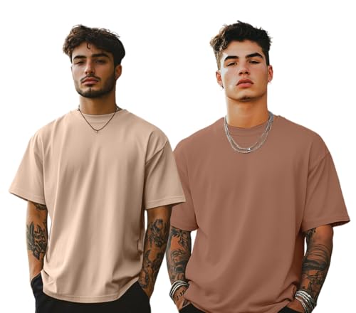 Image of Veirdo Solid Oversized 100% Pure Cotton Combo T-Shirt for Men & Boys (Half Sleeves, Round Neck, Drop Shoulder, Baggy Fit, Pack of 2, Available in S to 2XL