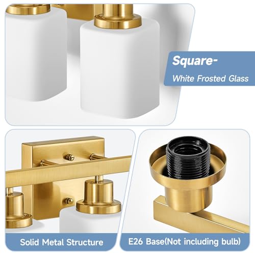 Image of Bathroom Vanity Light,3-Light Gold Modern Bathroom Light Fixtures with Square Frosted Glass,Gold Wall Lamp Sconces for Mirror Bedroom,Living Room Hallway, E26