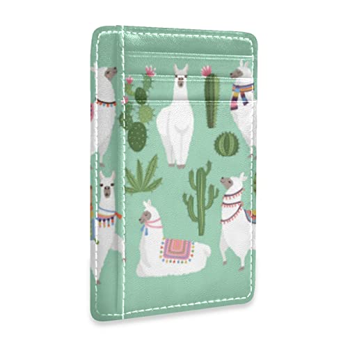 Tribal White Llama Alpaca with Ethnic Motifs, Green Cacti on Green Slim Minimalist Wallet, Front Pocket RFID Leather Blocking Card Holder Case for Men Women Girls Ladies, Stylish Printing Gift