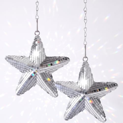 Novabright - 2 adornos estrella bola de discoteca, 5,9 pulgadas, espejo plateado, mosaico reflectante, con cadena para colgar, decoración para árbol de Navidad, fiesta, boda y hogar miniatura 1