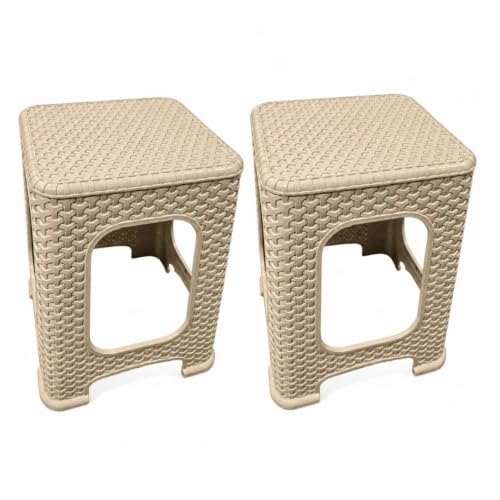 Image of SterlingEdge 2 Pack Rattan Effect Garden Stools, Plastic Outdoor Indoor Stackable Patio Seat, Side Table, Lightweight Weather Resistant Footstool, Garden Furniture for Home & Patio