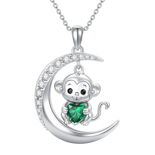 Image of PROESS Animal Birthstone Necklace 925 Sterling Silver Otter /Axolotl /Hippo /Elephant /Dachshund /Monkey /Red Panda Pendant Necklace Animal Birthstone Jewelry Gifts for Women