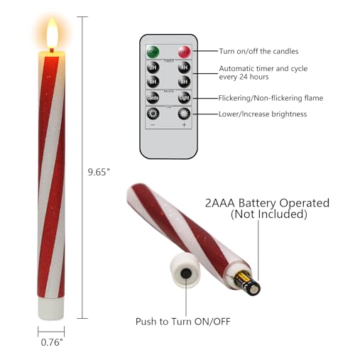 Image of Christmas Flameless Taper Candles Flickering Battery Operated with Remote Timer, 2 Pack Real Wax 3D Wick LED Taper Candles Candy Cane Decals Holiday Indoor Dinner Decor(0.76 inch D x 9.65 inch H)