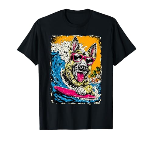 Surf Pastor Alemán Montar Wave Dog Surfer Sunset Beach Camiseta