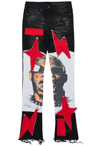Men's Savage Black/Red Patchwork Stacked Flare Jean2