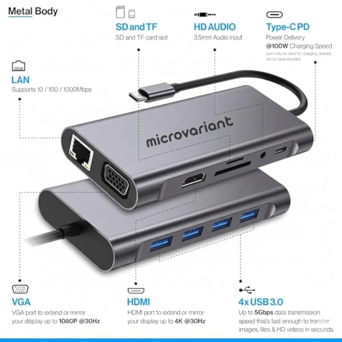 Image of Cport 11-in-1 TypeC Docking Station, Aluminum Type C Adapter with 4K Hdmi, Vga, 1GBPS Ethernet Rj45, 4X USB 3.0, USB-C Power Delivery, 3.5Mm Audio, Tf /Sd Card Reader for Mac /Pc /Laptop