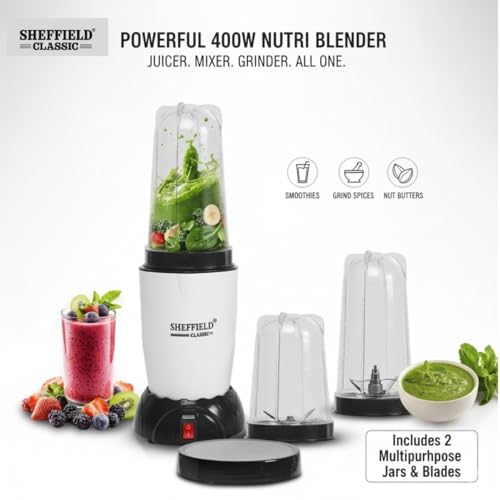 Image of SHEFFIELD CLASSIC 400W Nutri Blender & Mixer Grinder | High-Speed Smoothie Maker & Juicer with 2 Multipurpose Jars for Grinding & Masala | Compact Electric Food Processor (Elegant White)