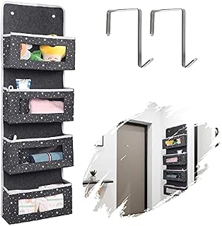 Ohiyoo Over Door Hanging Organizer with 4 Pockets, Felt Baby Wipes Bag Nappy Hanging Storage Bags with 2 Hooks & Clear Window for Children's Room Nursery Bathroom, Dark Grey
