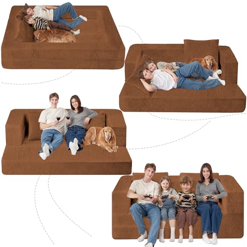Cansunna Folding Bean Bag Chair for Adults,3-in-1 Bean Bag Couch Faux Fur Floor Sofa Large Beanbag Convertible Bean Bag Sofa Bed with Pillow in Bedroom,Living Room,Apartment(Queen,Caramel)