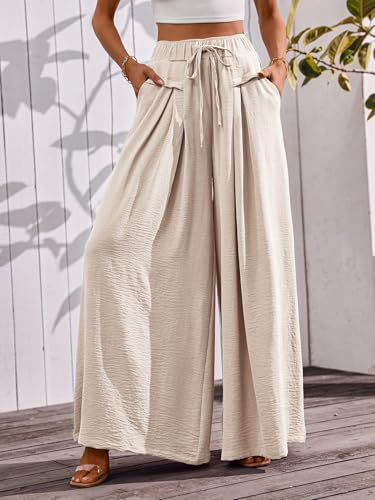 CORSKI Flowy Wide Leg Palazzo Pants for Women Dressy Casual Elastic Waist Lounge Long Trousers with Pocket Large Beige - image 6