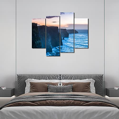 My Easy Art- Cliffs Of Moher In Ireland Wall Art Decor Blue Europe Sea Coast Under Sunset Canvas Pictures Artwork 4 Panel Seascape Painting Prints For Home Living Dining Room Kitchen #TOP5