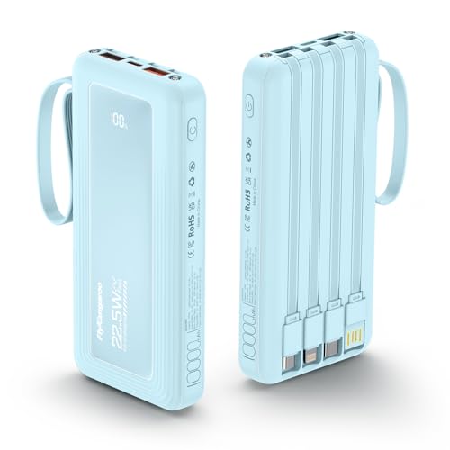 Power Bank Built-in Cable, Slim 10000mAh Fast Charging Portable Charger with Flashlight & 6 Outputs,USB C External Battery Pack for iPhone 16 15 14 Android and More