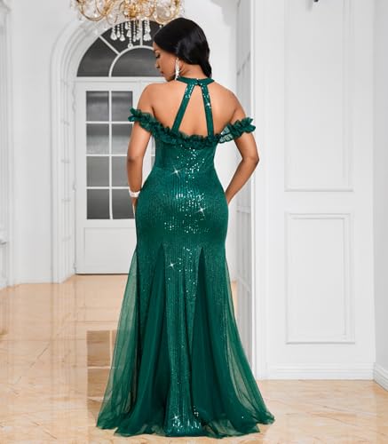Image of Cololura Women Sexy Sequin Halter Neck Short Sleeve Mesh Perspective Party Bodycon Evening Cocktail Maxi Dress