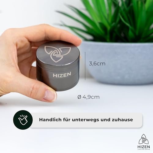 HIZEN Basic Grinder Ø 49mm, 4-teilige Kräutermühle, Crusher Set für getrocknete Kräuter, Pollen, Blüten, Gewürze mit Pollenfach und Schaber (Gunmetal)