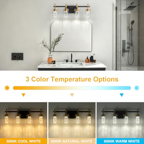 Image of 4-Light Black and Gold Vanity Light with 3 Color Modes (3000K /4000K /6000K), Eye Protection LED Bathroom Light Fixture, Dimmable Modern Wall Light Over Mirror with Clear Glass Shade