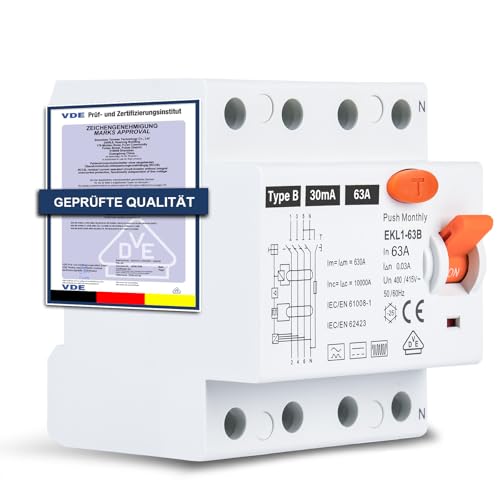 FI Schutzschalter Typ B 63A 30mA 4-polig Allstromsensitiver RCD für Wallbox & Ladestation Fehlerstromschutzschalter mit VDE Zertifizierung DIN-Hutschiene Montage