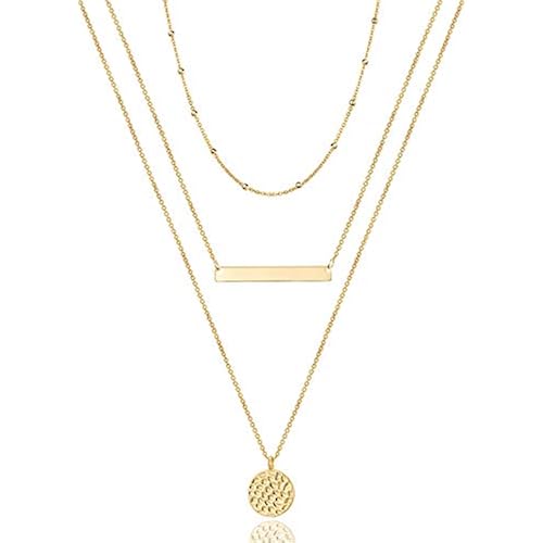 Turandoss Dainty Layered Choker Necklace, Handmade Y Pendant Necklace Multilayer Bar Disc Necklace Adjustable Layering Choker Necklaces for Women