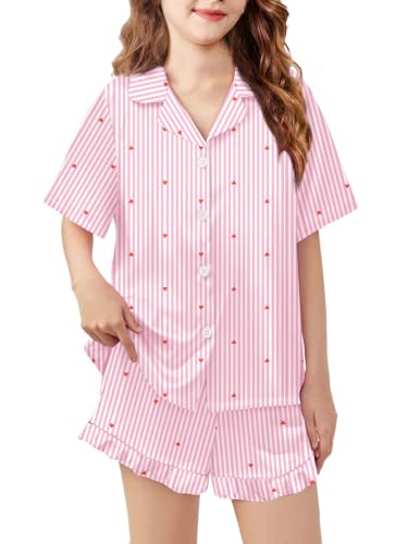 Image of Arshiner Girls Pajamas Silk Satin Pajama Set Button Pjs Ruffle Sleepwear | 2 Piece Nightwear, Silky Soft Lounge for Little & Big Kids, Ideal for Sleeping and Sleepover Party