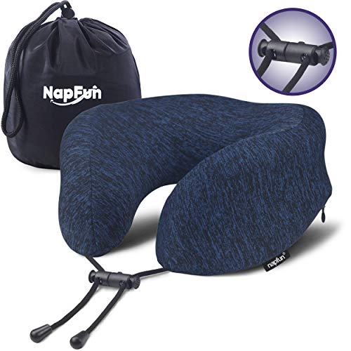 NAPFUN Travel Neck Pillow, 100% Pure Memory Foam Neck Pillow for Traveling & Fashion Airplane Neck Pillow for Flight Sleep, Dark Blue