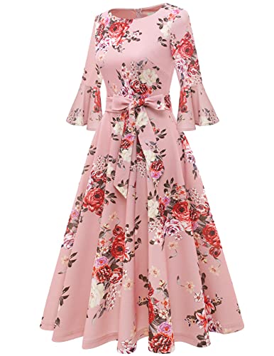Image of HomRain Women's Church Dresses Modest Bell Sleeve Wedding Guest Cocktail Tea Party Vintage Evening Dress