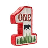 Number 1 Pinata for Kids Lumberjack First Birthday Decorations, Red/Black Buffalo Plaid (16.6 x 13 x...