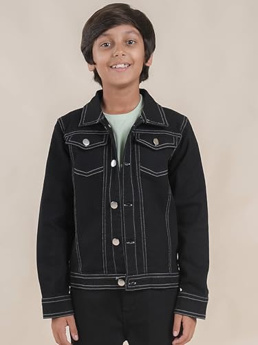 Image of KiddoPanti Boys Denim Jacket | Cotton Poly Blend with Spandex | Washed Denim, Full Sleeve | Button Closure & Front Flap Pockets | Collared Neck