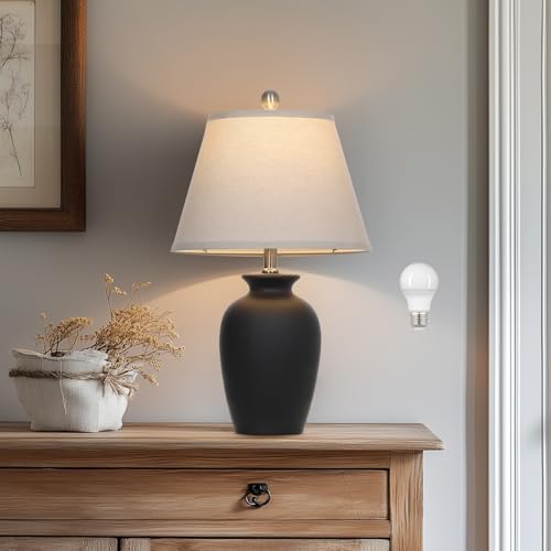 Cinkeda 22 Black Ceramic Farmhouse Table Lamp with Ginger Jar Design - for Living Room Dining Room Bedroom Office Nightstand End Table