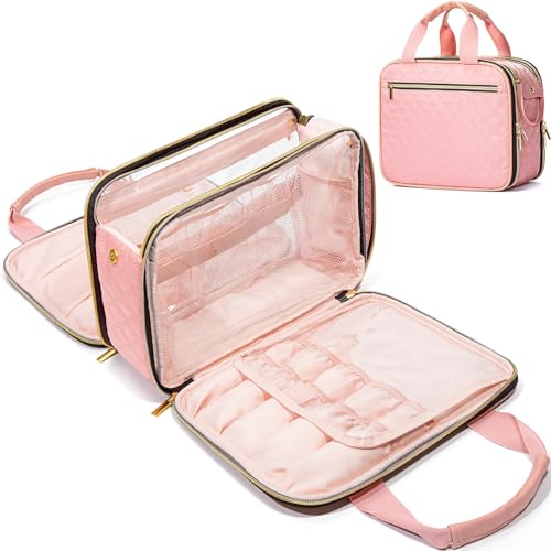 FUNSEED Kosmetiktasche mit extra großem Fassungsvermögen, kariert, mit Fächern für Schmuck, Toilettenartikel, Kosmetika, Rose, Einfarbig