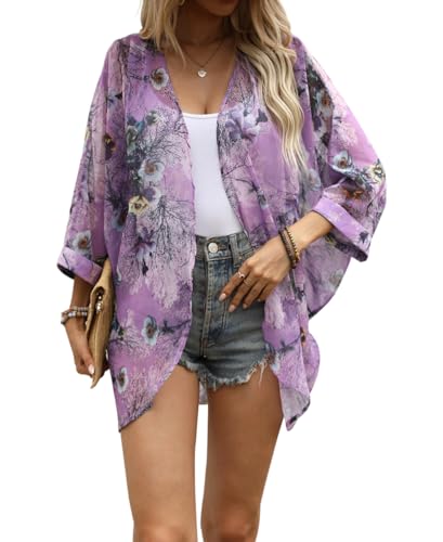 olrain Women's Floral Print Sheer Chiffon 3/4 Bat Sleeve Casual Loose Kimono Cardigan Capes