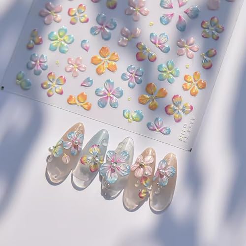 Image of Flower Nail Stickers for Nail Art Colorful Spring Summer Floral Nail Decals 5D Embossed Self Adhesive with Design Five-petaled Flowers Nail Charm for Women Girls Kid Manicure Supplies Accessories