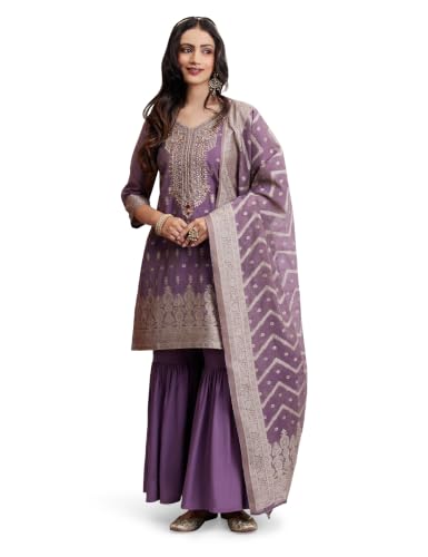 Image of Amazon Brand - Myx Women's Jaquard Embroidered Kurta And Sharara Set With Dupatta | Sharara Suit Set (Available In Plus Sizes)